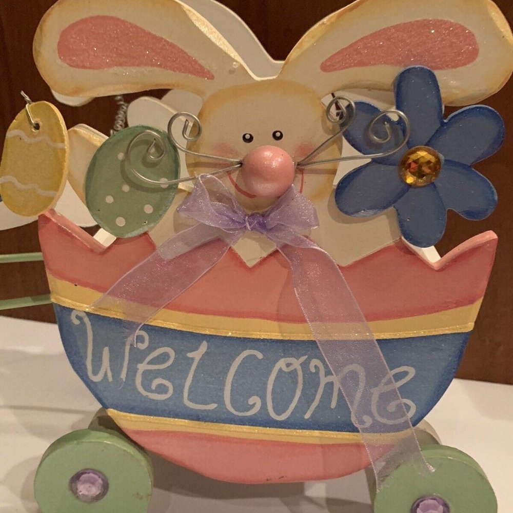 Small Wooden Basket Bunny Rabbit - Inside Decoration Easter Decor (wheels Roll!